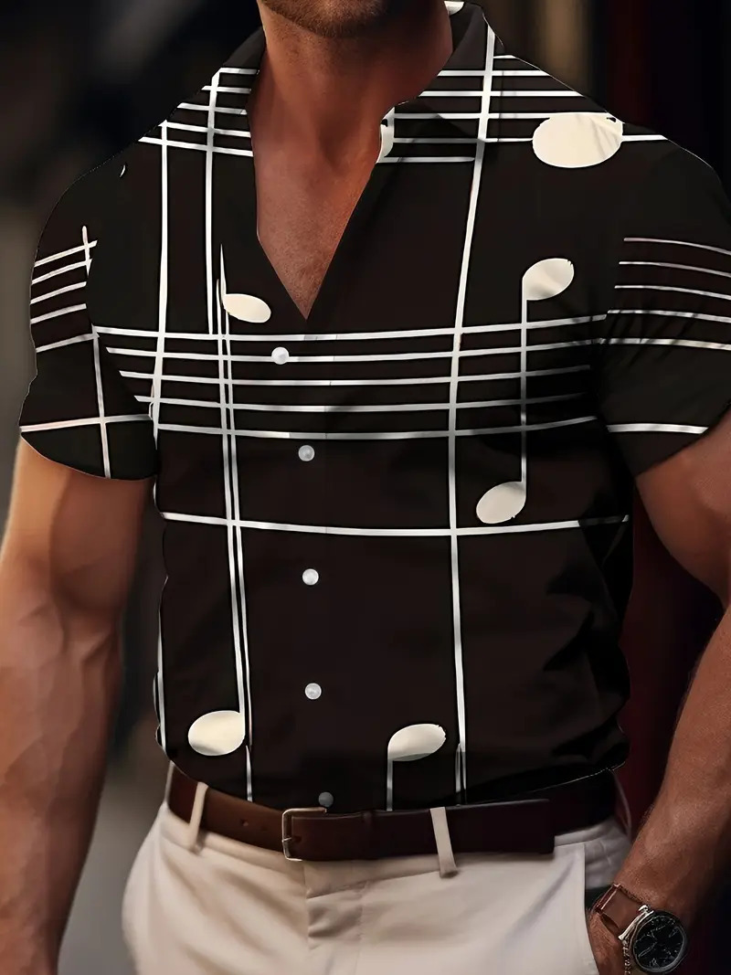 Camisa de manga corta con estampado de nota ancha popular retro de marca de moda europea y americana de verano 2024 para hombres MB1