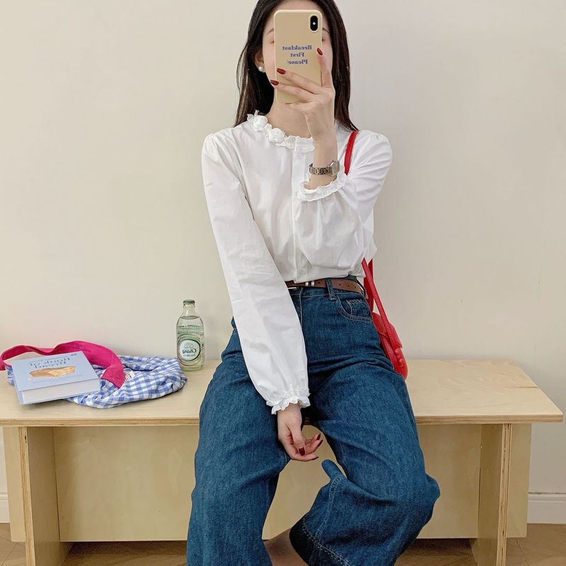 重工手工玫瑰花边圆领衬衫女长袖甜美清新学院百搭别致叠穿上衣潮|undefined