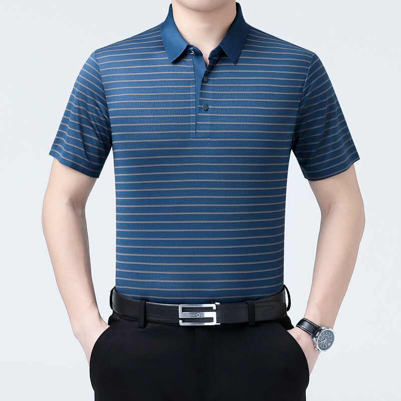 Men's Silk T-Shirt 2026 Loose Fit Large Size Polo Shirt Business Casual Ice Silk Dad Shirt