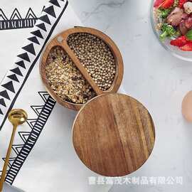 日系木质调料盒旋转盖家居厨房调味品收纳盒圆形分格香料调味罐