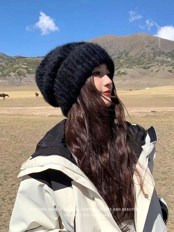 宽松大头围针织帽子女秋冬显脸小保暖毛绒堆堆帽百搭兔毛毛线帽|undefined