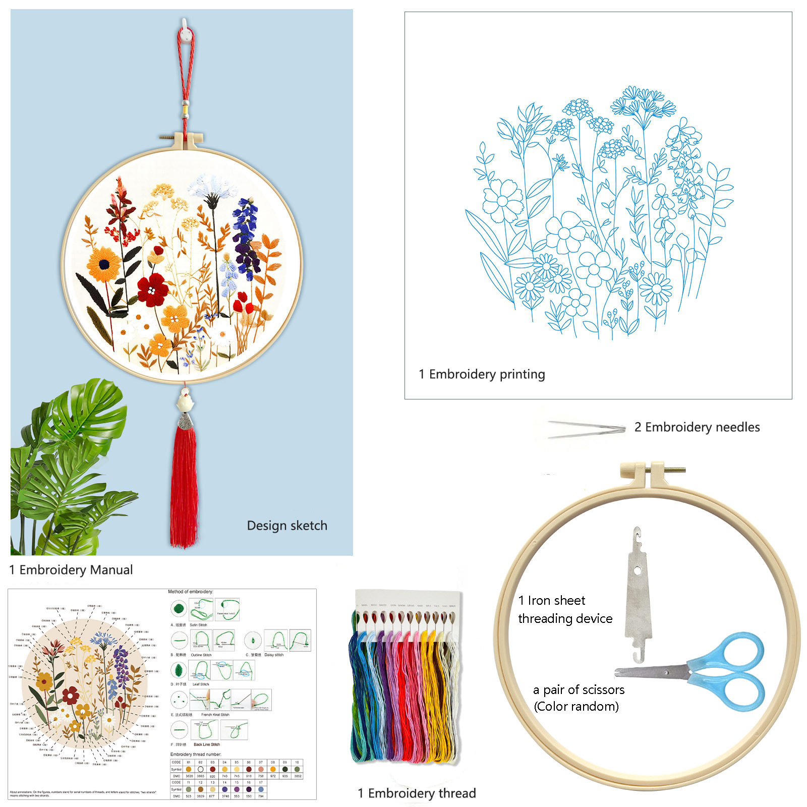 Flores y plantas Un paquete de materiales básicos + 20CM de goma de corte + tijeras pequeñas + insertor de hilo