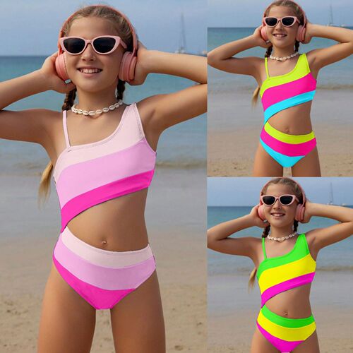 New Amazon girls' flat-bottom swimwear with color-blocked, single-shoulder one-piece swimsuit for ages 6-14