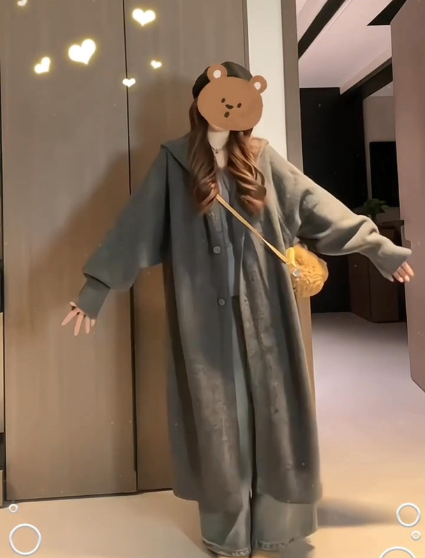 奶茶色韩系慵懒风连帽长款过膝针织衫女秋冬加厚宽松显瘦外套大衣|undefined