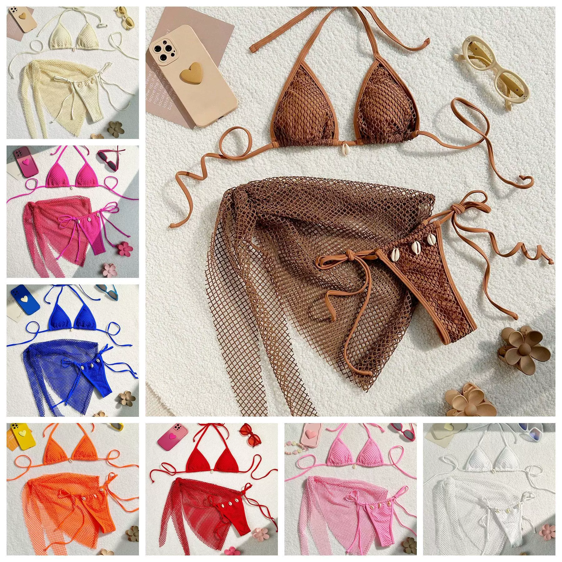 欧美跨境比外贸基尼亚马逊泳装网眼三件套分体bikini女士泳衣批发