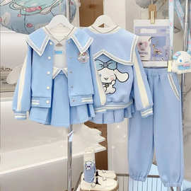 女童套装秋冬装新款韩版儿童棒球服外套百褶裙子长裤两件套潮