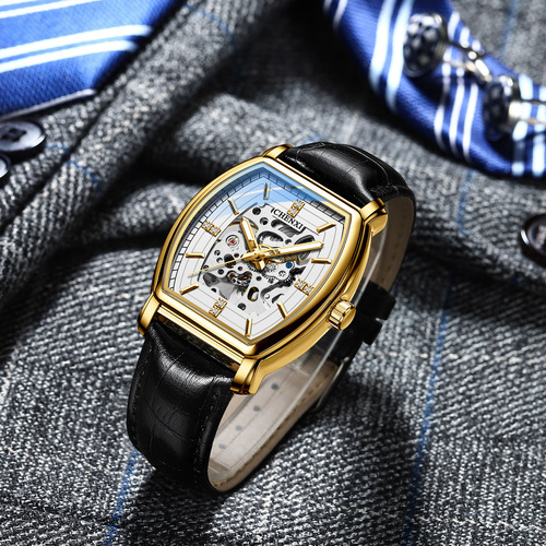 Dawn Barrel Type Fully Automatic Mechanical Watch Men's Genuine Leather Hollow Luminous Waterproof Cross-Border Live Foreign Trade Mechanical Watch