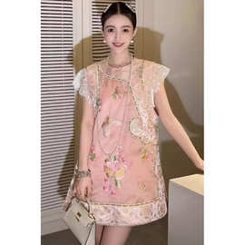 独漂亮新中式女装国风刺绣马甲甜美粉色盘扣改良旗袍上衣女夏季