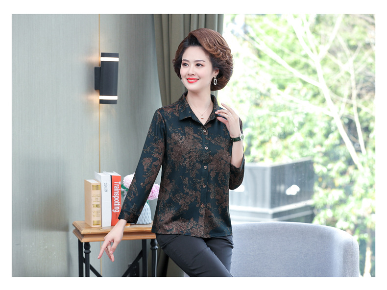 印花女士衬衫长袖妈妈装开衫