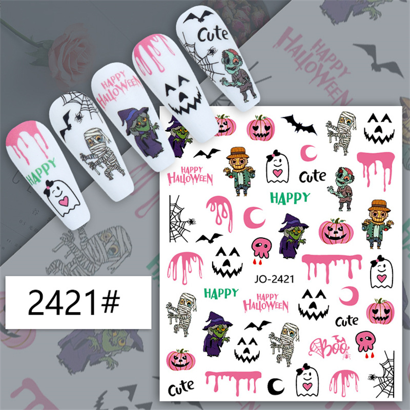 Pegatinas de uñas de Halloween transfronterizas cráneo calabaza malvada tarjeta roja brillante bruja graffiti pegatinas de uñas al por mayor