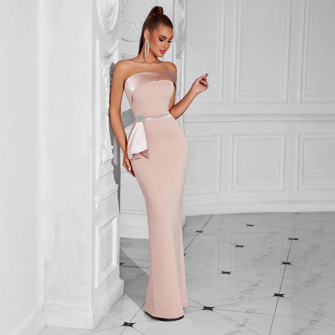 Cross-border Amazon stitching diamond-studded design evening dress banquet slim tube top socialite style party dress