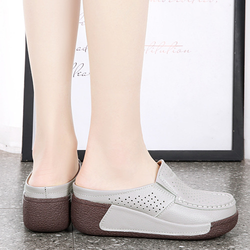 Summer Genuine Leather Outerwear Slip-On Half-Pull-on Sandals for Women, Thick Sole with Holes and Platform, for Middle-Aged and Elderly Mothers, One-Strap Slippers