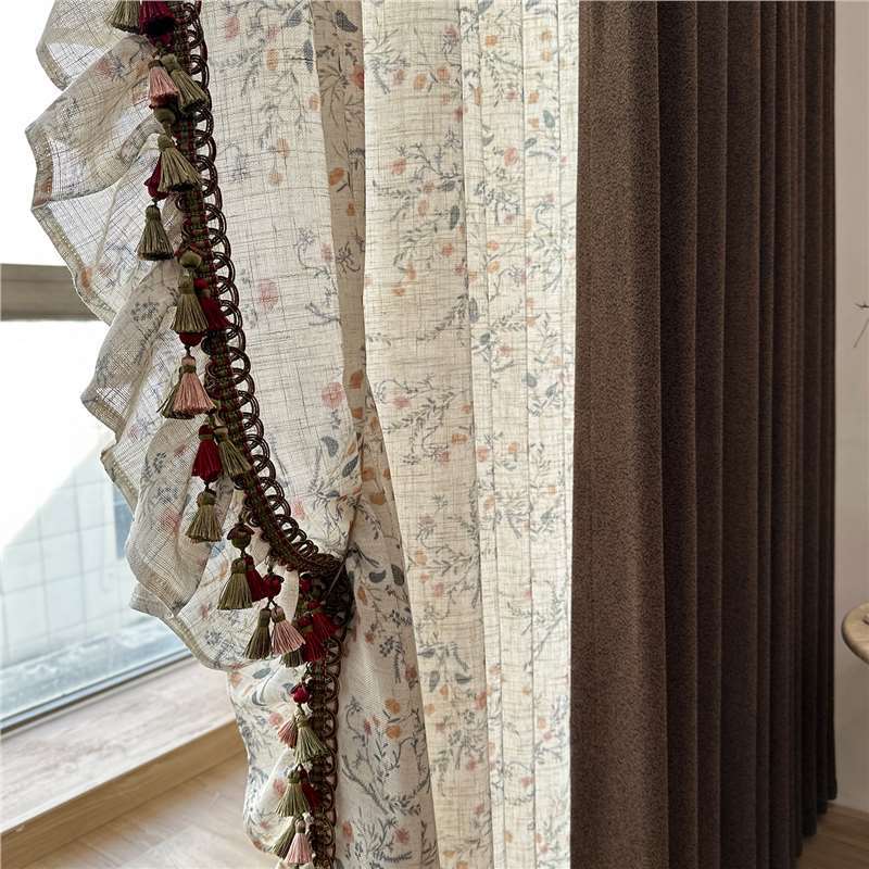 Poria Gauze Curtain Gauze Curtain Is Light-Impermeable and Linen Texture Bedroom Atmosphere Printed French Retro Style