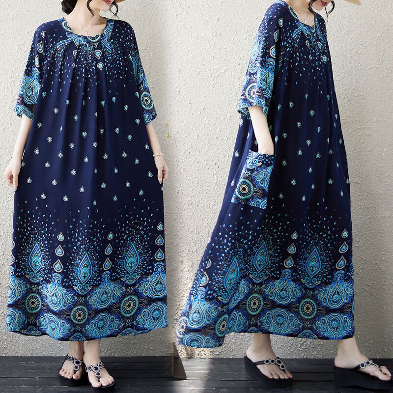 Cross-Border Rayon Bohemian Ethnic Style Dress Round Neck Floral Loose Plus Size Maternity Dress Floral Long Dress Cross-Border Rayon Bohemian Ethnic Style Dress Round Neck Floral Loose Plus Size Maternity Dress Floral Long Dress
