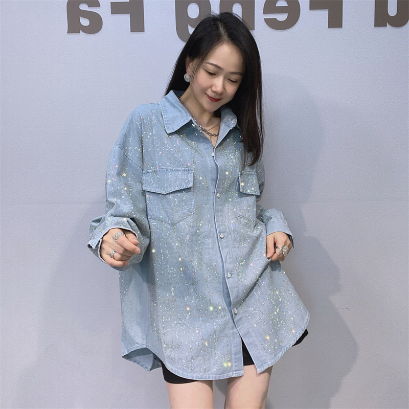 Front and Back Rhinestone Denim Long-Sleeve Shirt for Women, New Spring and Autumn Fashion, Cross-Border Foreign Trade Women's Clothing, Trendy Denim Plus-Size Top Front and Back Rhinestone Denim Long-Sleeve Shirt for Women, New Spring and Autumn Fashion, Cross-Border Foreign Trade Women's Clothing, Trendy Denim Plus-Size Top