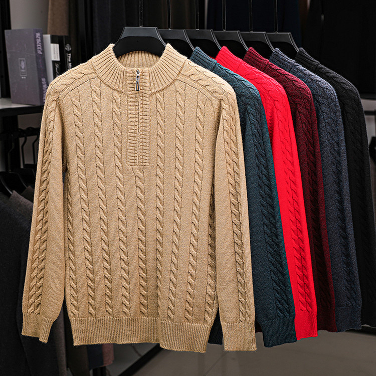 Otoño y invierno de mangas largas de torsión nuevos productos gruesos de media altura cremallera camisa de punto de color sólido hombre Jacquard suéter casual hombre