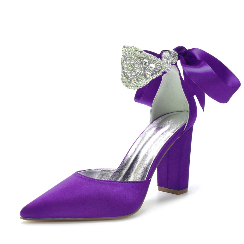 Foreign Trade Large Size Pointed Purple Rhinestone Ribbon High Heels Satin Coarse Heel Wedding Shoes Pearl Rhinestone Women's Shoes