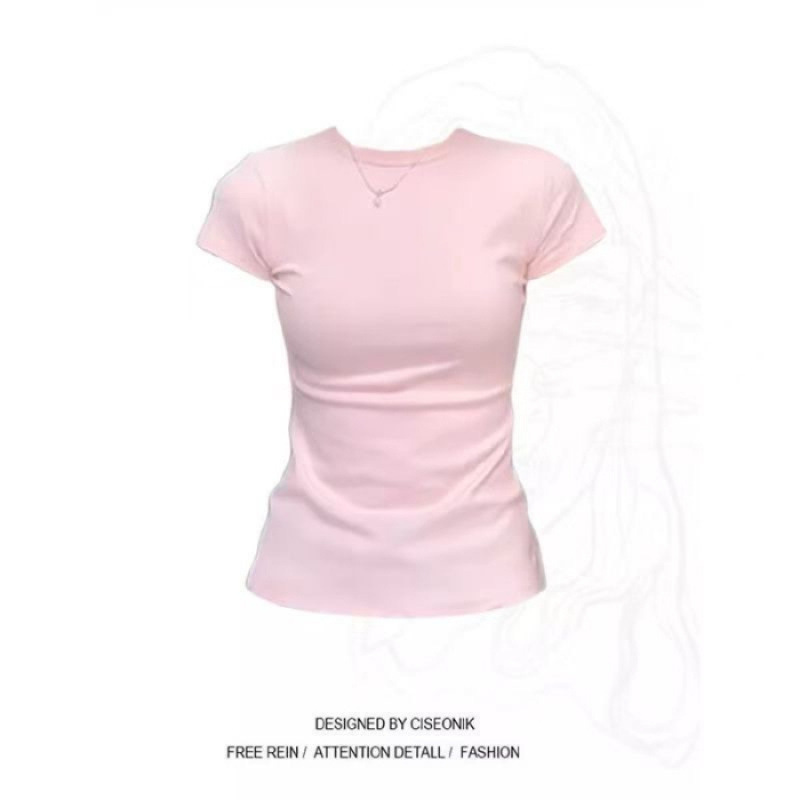 ブルー右肩半袖TシャツレディーススリムウエストBMサマーアメリカンスタイル2025新作ピュアデュエライト薄手半袖トップ|undefined
