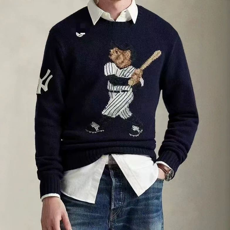 Cross-Border High-Quality Pony Logo Sweater with Qr Code, R-L Wool Cashmere Heavy-Duty Cartoon Bear Design, Popular Autumn and Winter Sweater for Women