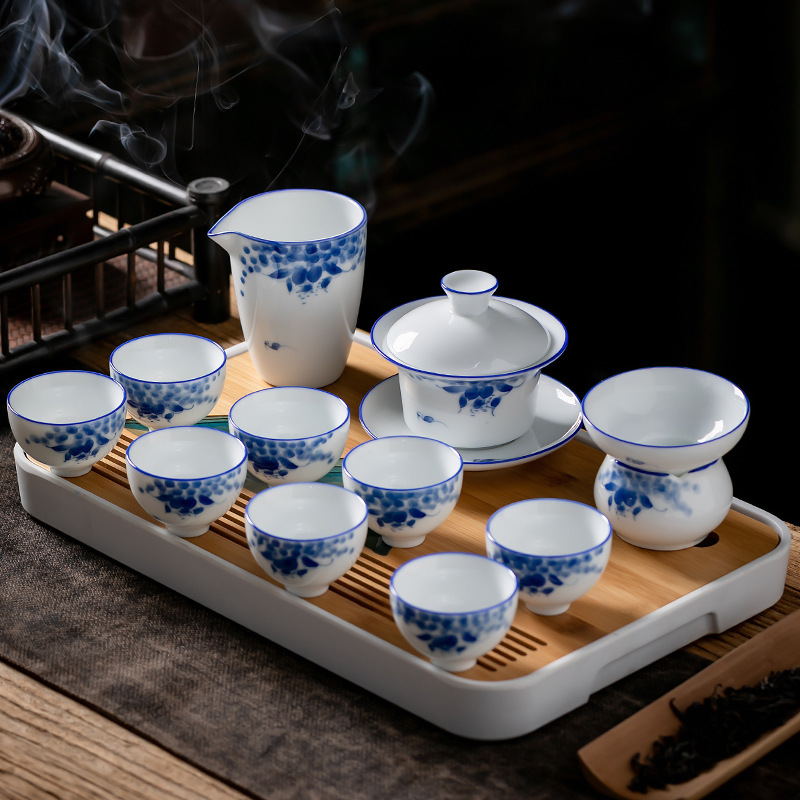 Juego de té de Kung Fu de cerámica de estilo japonés traje de hogar pintado a mano porcelana blanca sancai Tazón de cubierta taza de té tetera