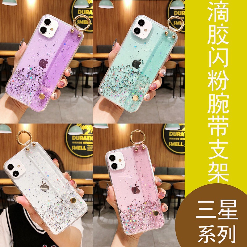 Transparent glitter epoxy suitable for Samsung note20 phone case creative a51 wrist strap a50 bracket drop-resistant soft case