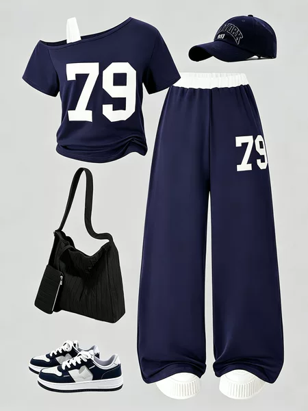 2026 Cross-Border Girls' Summer Letter Print Short-Sleeve Long Pants Set for Older Children Two-Piece Girls' Summer Outfit