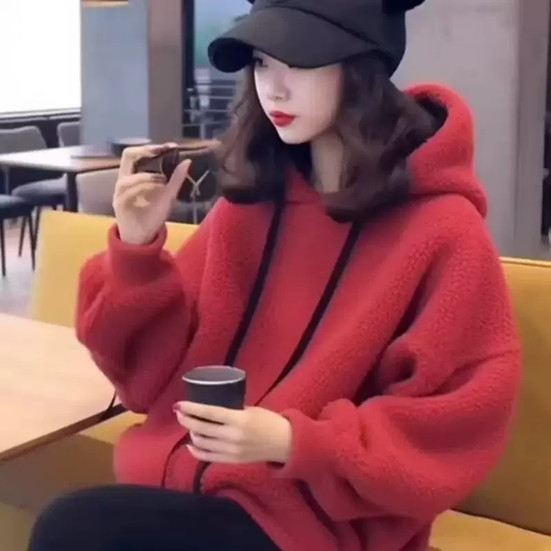 本命年红色羊羔毛卫衣女春秋季2025新款爆款小个子毛茸茸上衣外套