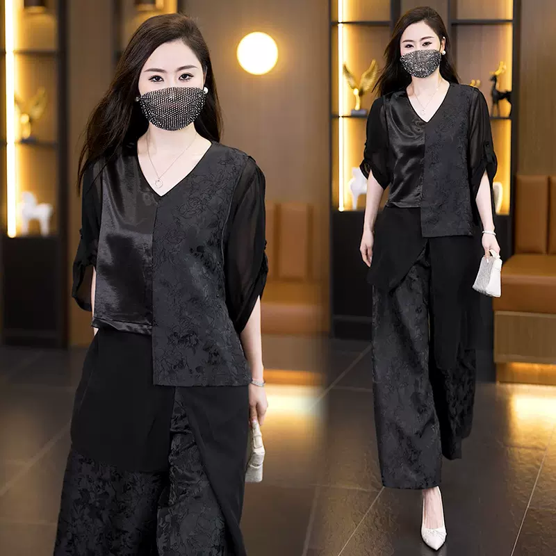 品质保证舒适真丝气质中年女夏大码新中式上衣宽松阔腿裤两件套装
