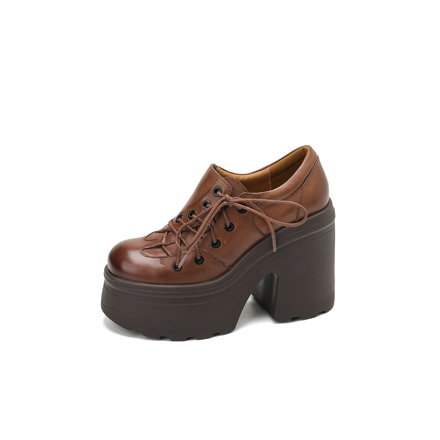 Giày cao gót nữ da thật phong cách Anh quốc cổ điển gót vuông 12 cm đế platform — màu nâu