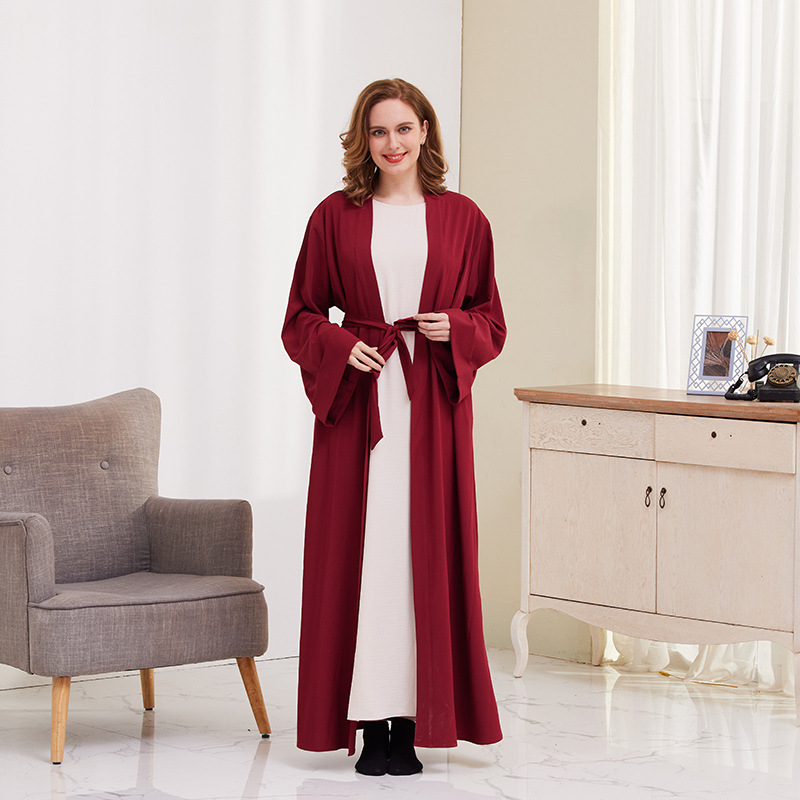 Muslim Cardigan Robe For Women Solid Colour Tie-up Dubai Style_voghion.com