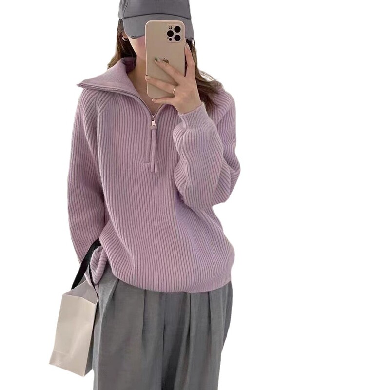 女性用の秋冬のピットハーフジップセーター、スタンドアップカラー、柔らかくワックスのようなルーズなレイジースタイルのアウターウェアニットセータートップ|undefined