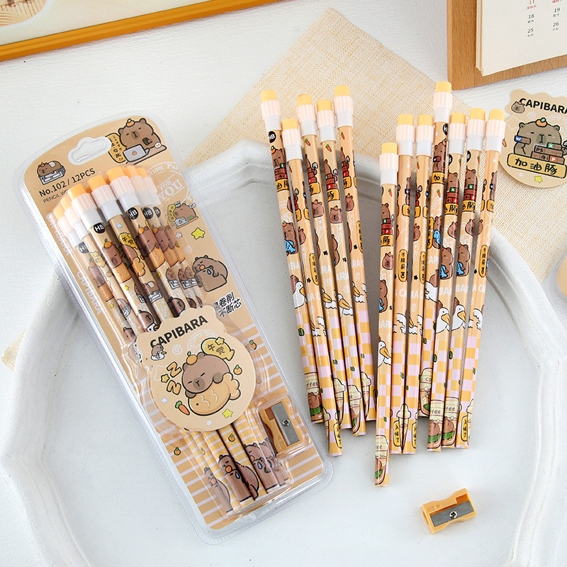 Caricatura Capibara HB lápiz para estudiantes de primaria 12 rodas redondas con cuchillo de lápiz de alto valor de papelería