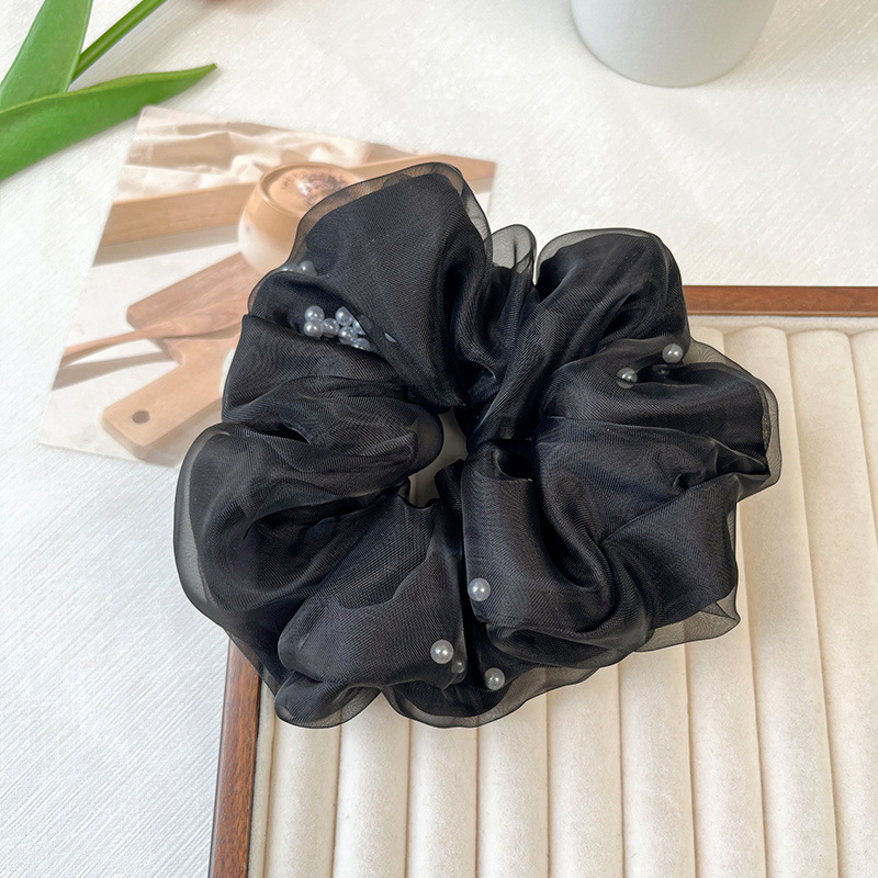 Elástico de cabelo estilo coreano com pérolas e detalhes em organza, um acessório de cabelo elegante e sofisticado para mulheres._voghion.com
