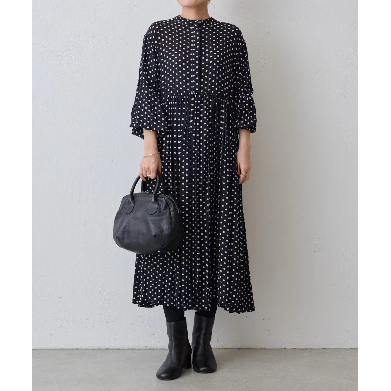 Cross-Border Foreign Trade Export Spring and Autumn Loose Mid-Length Black Round-Neck Pleated Nine-Quarter Sleeve White Polka Dot Flared Dress Cross-Border Foreign Trade Export Spring and Autumn Loose Mid-Length Black Round-Neck Pleated Nine-Quarter Sleeve White Polka Dot Flared Dress