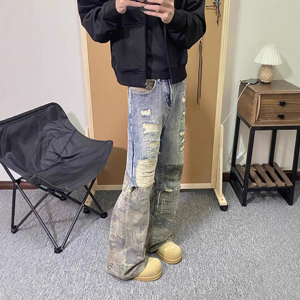 American Retro Fake Two-piece Jeans Design Sense Premium Camouflage Splicing Ripped Men's Cleanfit Straight Pants_viptrois.com