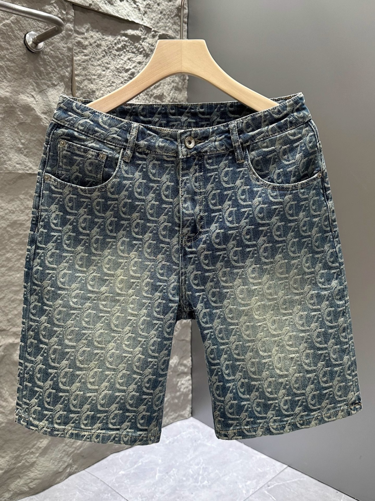 Men's Retro Jacquard Denim Shorts Summer Design Washed Five Point High Street Cool Stylish Athletic Pants_mkmklike.com