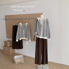 韩系慵懒条纹休闲套装女秋季2025新款连帽毛衣外套直筒裤子两件套