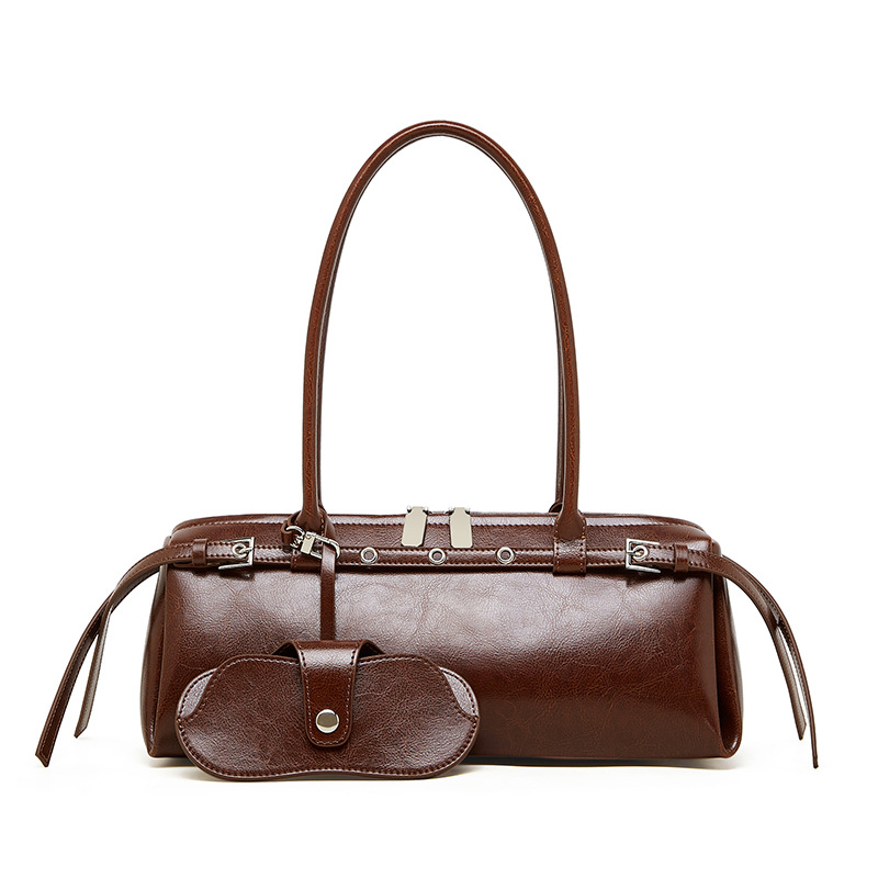 Genuine Leather Niche Retro Biker Style Cool Belt Decor Handbag New Shoulder Underarm Baguette Bag For Women - Thumbnail 5