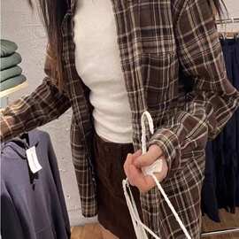 BM风新款美式学院风中长款长袖衬衫女上衣bm宽松百搭外套格子衬衣