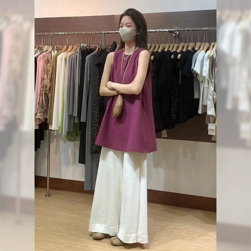 复古挂脖无袖衬衫女夏季高级感气质小衫宽松圆领背心上衣小个子