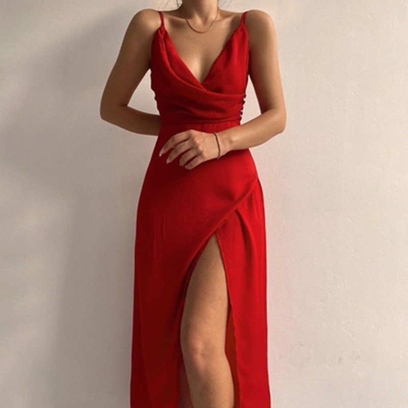 Women's Clothing Spring Sexy V-Neck Spaghetti Strap Slit Dress Mid-Length Women's Fashion European American Style Clothing_ecoleips.com