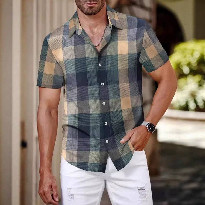 Cross-border European Plaid Shirt Style Men's high quality Short-sleeved Casual 2025 New Foreign Trade Explosions European and American Style
