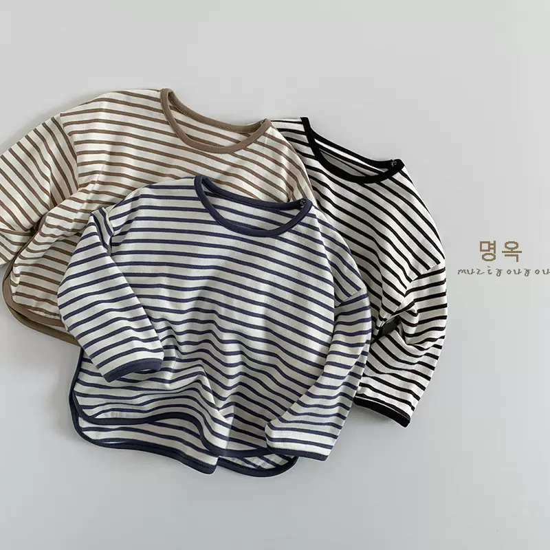 简约条纹百搭T恤男女童韩版休闲个性潮童上衣打底衫宝宝童装批发
