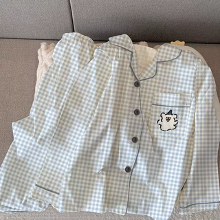 清新简约高颜值卡通线条小狗格纹薄款睡衣女长袖长裤两件套装批发