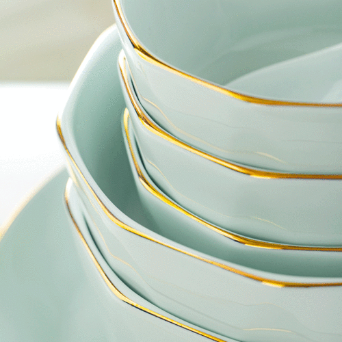 Dishes set wholesale household simple gold rim rice bowl noodle soup bowl dish plate shadow green light luxury ceramic bowl tableware set