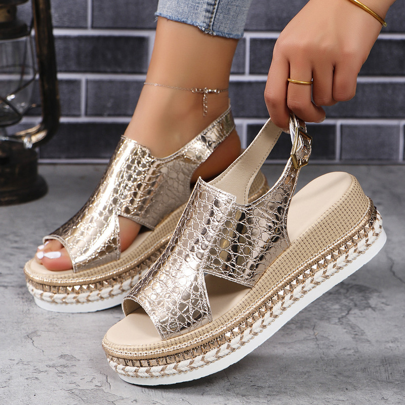 In Stock 2024 Summer New Large Size Peep-Toe Buckle Wedge Sandals for Women, Fashionable and Comfortable Thick-Soled Shiny Women's Sandals In Stock 2024 Summer New Large Size Peep-Toe Buckle Wedge Sandals for Women, Fashionable and Comfortable Thick-Soled Shiny Women's Sandals