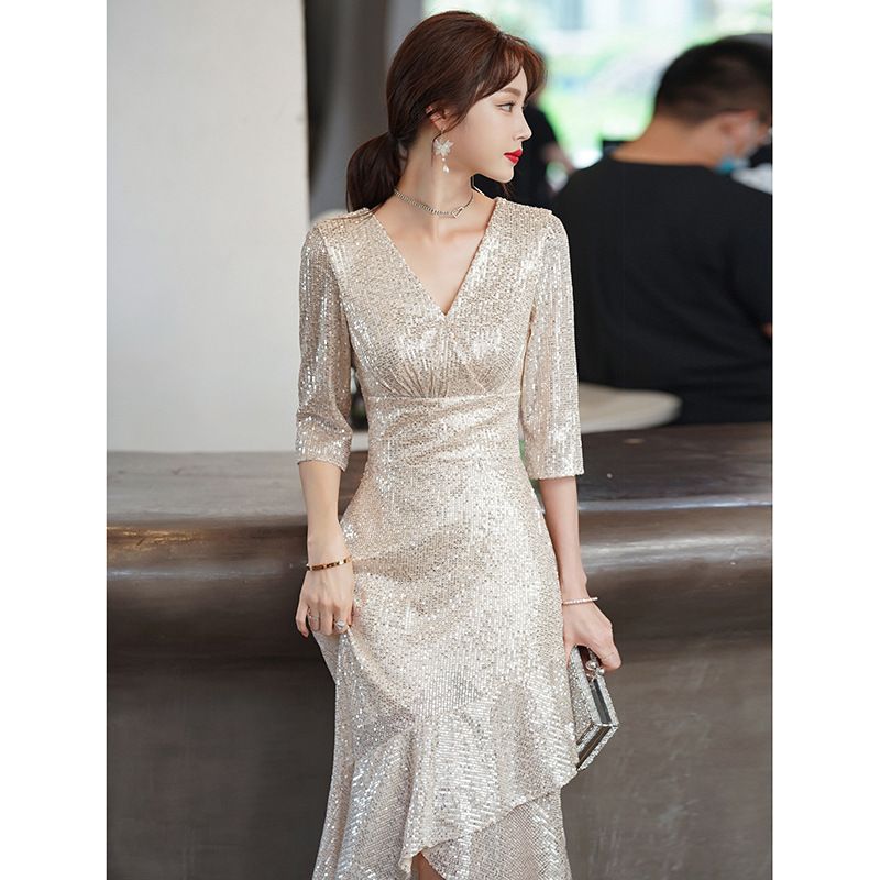 Vestido de noche de lentejuelas de champán para mujer, lujo ligero de alta gama, madre de nicho, anfitrión de banquete de bodas, falda de cola de pez, pequeño