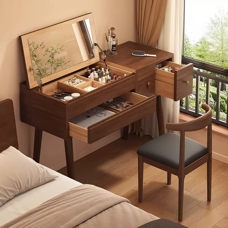 实木梳妆台家用小户型2025新款收纳柜卧室翻盖镜子化妆桌书桌一体