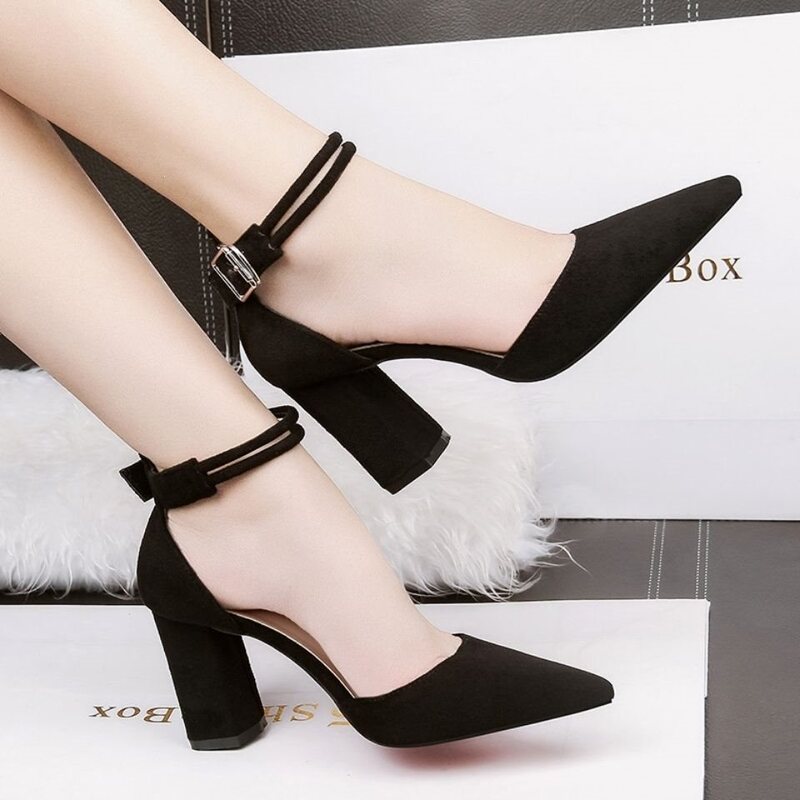 Summer Trendy Women's Sandals New Style Versatile One-Strap Pointed Toe High Heels Chunky Heel Closed-Toe Sandals