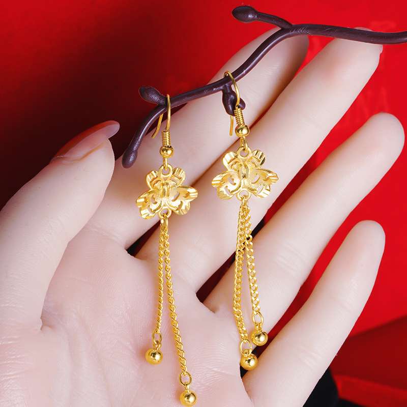 Pendientes grandes de la flor del oro de Vietnam hueco tallado pendientes de la borla de las mujeres chapados en oro estilo antiguo Flor de tres hojas joyería de la boda